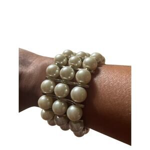 Pearl 3 Tier Bracelet with gold Prongs Elegant Feminine Classy Statement Retro